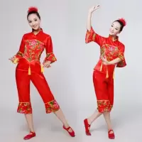 中老年秧歌服装开门红表演服东北大花布演出服舞台舞蹈扇子腰鼓服