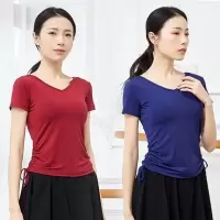 v领舞蹈练功服上衣女成人新款修身学生形体套装短袖黑色民族服装
