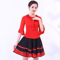 广场舞服装套装新款女夏季开场舞大摆裙中老年跳舞上衣红色演出服