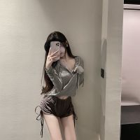 欲风连帽上衣女秋显瘦辣妹t恤长袖套头薄款休闲开叉小心机性感