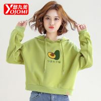 女士连帽卫衣女春秋高腰短款2021秋装新款学生牛油果印花上衣