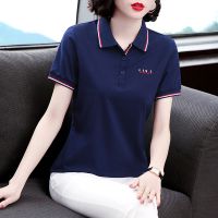 新疆95棉 翻领绣花t恤女短袖2021夏季新款休闲翻领衫显瘦体恤