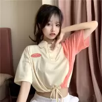 夏季新款衫短袖t恤女露脐短款拼接翻领学生半袖设计感ins上衣