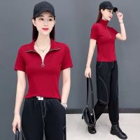 网红短袖t恤女2021夏季新款高弹时尚领拉链百搭上衣工装裤潮
