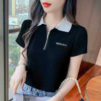 2021新款学院风短袖t恤女刺绣字母减龄领显瘦露脐短款上衣夏