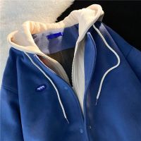 克莱因蓝假两件hiphop外套女百搭秋冬季卫衣宽松夹克美式棒球服潮