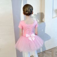 儿童舞蹈服夏季短袖女童练功服亮片纱裙粉色幼儿芭蕾舞裙练舞衣服