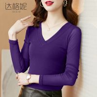 v领洋气上衣女显瘦遮肚长袖修身打底衫女外穿内搭t恤春秋季女装