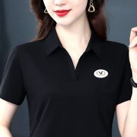 t恤女夏装衫2021年新款95棉短袖翻领洋气绣花中年人妈妈上衣