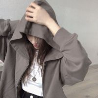 卫衣女秋薄款中长款慵懒风bf宽松百搭拉链连帽开衫外套韩版ins潮