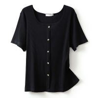 2021新款夏季棉坑条短袖t恤女加大码宽松遮肚圆领打底衫200斤潮