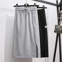 中长款弹力半身裙女2021早秋新款高腰灰色一步裙开叉运动包臀裙子