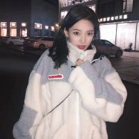 仿羊羔绒卫衣女拼色慵懒风外套女秋冬宽松学生开衫加绒加厚棉服袄