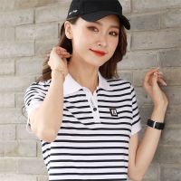 棉翻领衫2021新款夏季条纹短袖t恤女大码宽松休闲运动上衣