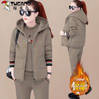 加绒加厚马甲三件套女冬季新款卫衣连帽大码宽松运动服套装