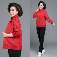 妈妈春装红色外套中老年休闲运动服套装女春秋中年大码上衣两件套
