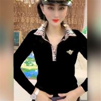 棉 秋季刺绣小蜜蜂格子领短袖t恤女宽松春秋长袖打底衫