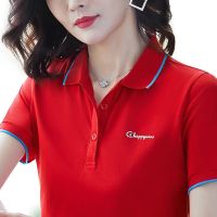 棉 2021新款短袖t恤女夏季宽松翻领印花衫大码上衣女潮