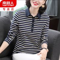 棉翻领长袖t恤女士春秋新款带领宽松大码妈妈运动衫