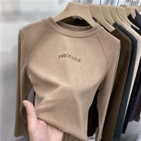 阳离子加绒加厚刺绣磨毛德绒保暖打底衫女装秋冬新款长袖t恤上衣