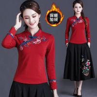 长袖民族风加绒上衣女 秋冬装斜襟立领盘扣上衣复古中国风绣花t恤