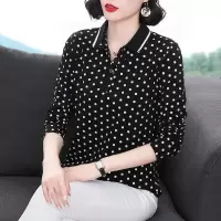 棉春秋新款上衣女t恤长袖色波点洋气小衫翻领大码中年妈妈装