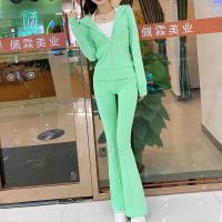 长袖带帽卫衣开衫喇叭裤休闲套装女秋两件套2021新款显瘦运动装