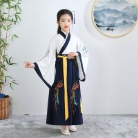 六一儿童古装汉服女童国学服三字经男童弟子规书童演出开笔礼服装 火凤蓝色女款(广袖) 110