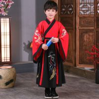 儿童古装汉服男童国学服小学生中国风三字经表演服春秋朗诵演出服 彩龙红上衣黑色裙子 160
