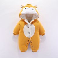 男女宝宝冬装新生儿加绒加厚连体衣哈衣0-1岁婴儿冬季外出衣服6月[11月7日发完] 小猴加绒加厚连体黄色 59