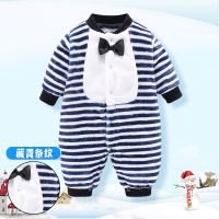 春秋厚款婴儿衣服男女宝宝哈衣0-1岁新生儿连体衣家居睡衣爬爬服 [厚款]藏青条纹 59 (建议0~1个月10斤以内