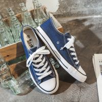 新款格子棋盘帆布鞋男百搭学生潮鞋男休闲鞋一脚蹬套脚懒人板鞋男 低帮蓝色 90