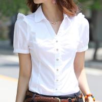 夏季V领职业衬衫女装正装短袖女衬衫工装女韩版白领工作服白衬衣 白色 S