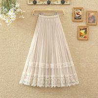 两面穿金丝绒半身裙秋冬女复古高腰蕾丝网纱中长款百褶丝绒A字裙 杏色 均码
