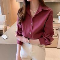 白衬衫女2021春秋韩版设计感小众大码宽松职业套装打底衫雪纺衬衣 玫红色[商城正品][送小礼物] XS