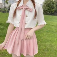 夏季学院风套装女两件套蝴蝶结可爱上衣软妹小个子百褶裙带安全裤 粉色裤裙 S 建议100斤以内