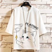 [两件装]冰丝夏季薄款宽松七分袖胖子大码短袖男t恤装潮流韩版 白色-猫咪 M