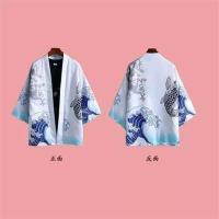 中国风男装夏季套装防晒日式古风道袍三件套汉服全套汉元素上衣服 海浪白色(单件套) S 建议60-85斤