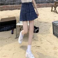 夏半身裙2021春秋新款女短裙a字高腰牛仔设计感小众小个子百褶 蓝色格子裙 S