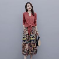 棉麻连衣裙女秋装2020年新款时尚气质宽松休闲半身裙套装两件套秋 珊瑚色加红裙子 M