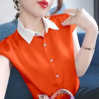 雪纺衬衫女薄款2021夏季宽松大码气质短袖新款韩版POLO领上衣开衫 橙色 M