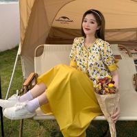 夏季2021新款法式宽松泡泡袖碎花衬衫+高腰半身A字裙两件套/单件 单黄色半身裙 S