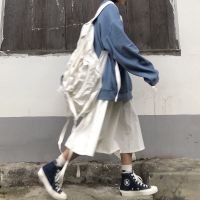 ins超火的工装半身裙女大码胖mm简约百搭伞裙休闲高腰中长款a字裙 白色工装裙 S码[80-95斤]