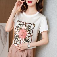 真丝拼接棉短袖女T恤新款宽松大码桑蚕丝绸缎印花宽松女上衣韩版 白-拼接香奈 S 80-95斤