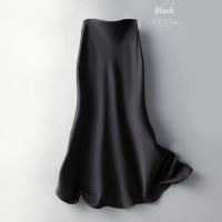 高端醋酸气质A字大摆裙复古绸缎显瘦高腰裙中长款洋气女士半身裙 黑色 S 建议75-94斤