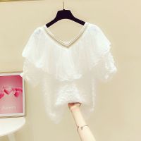 2021夏装新款时尚气质蕾丝荷叶边V领短袖雪纺衬衫女休闲百搭上衣 0006#白色 M [建议100斤以内]