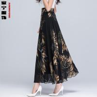 2021夏季新款花色半身长裙女士高腰印花A字裙大摆大码舞长裙 气质羽叶 M 90/100斤