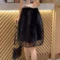 黑色松紧腰网纱半身裙女2021夏新款ins高腰气质蓬蓬薄款花苞a字裙 黑色 [收藏关注店铺优先发货] S 建议98斤内穿