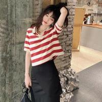 黑白条纹t恤女短袖2021新款小心机短款上衣半袖设计感小众polo衫 红色 S