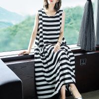 黑白条纹连衣裙女夏装2021新款时尚气质宽松中长款无袖夏季裙子 米白色 5074 M
